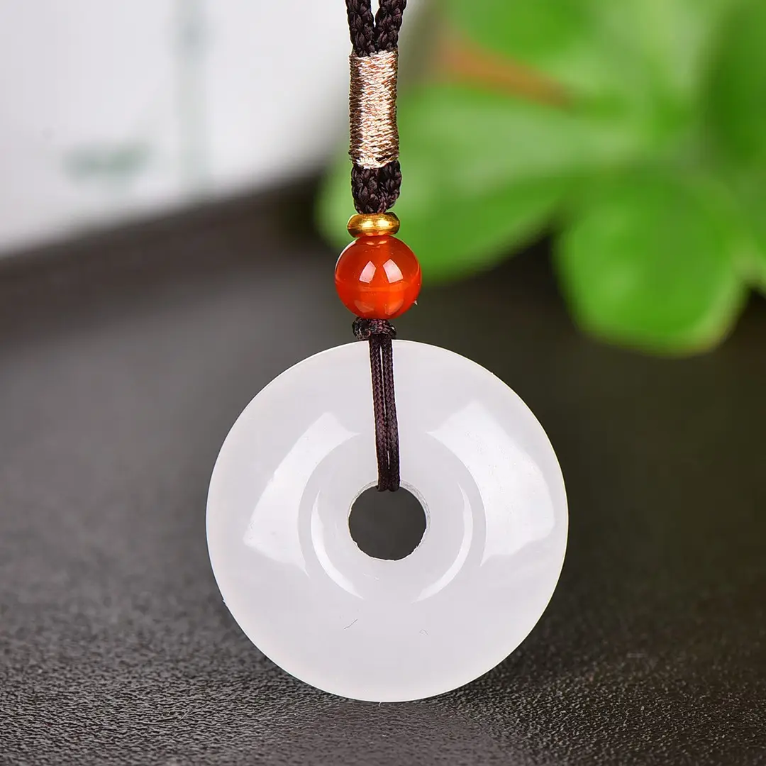 White Jade Ping An Buckle Pendant with Amber Charm - Image 3