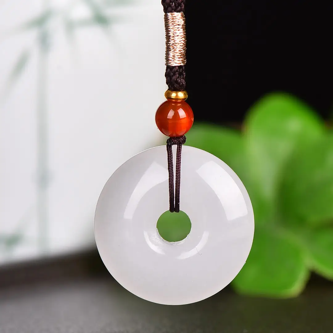White Jade Ping An Buckle Pendant with Amber Charm - Image 4