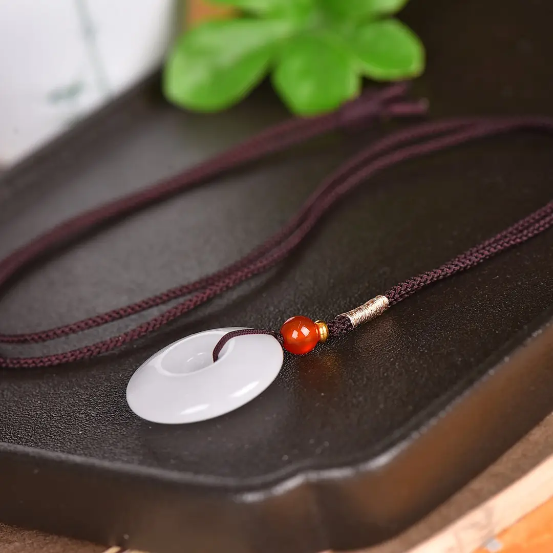 White Jade Ping An Buckle Pendant with Amber Charm - Image 5
