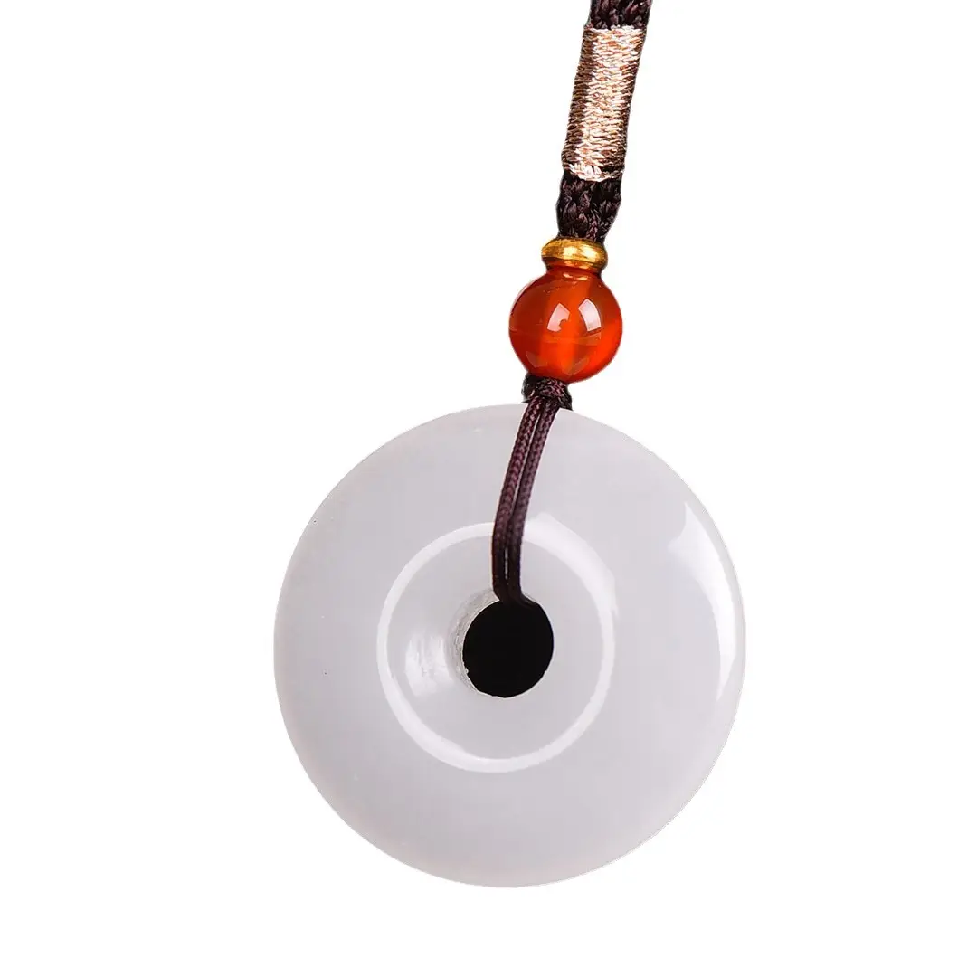 White Jade Ping An Buckle Pendant with Amber Charm - Image 6