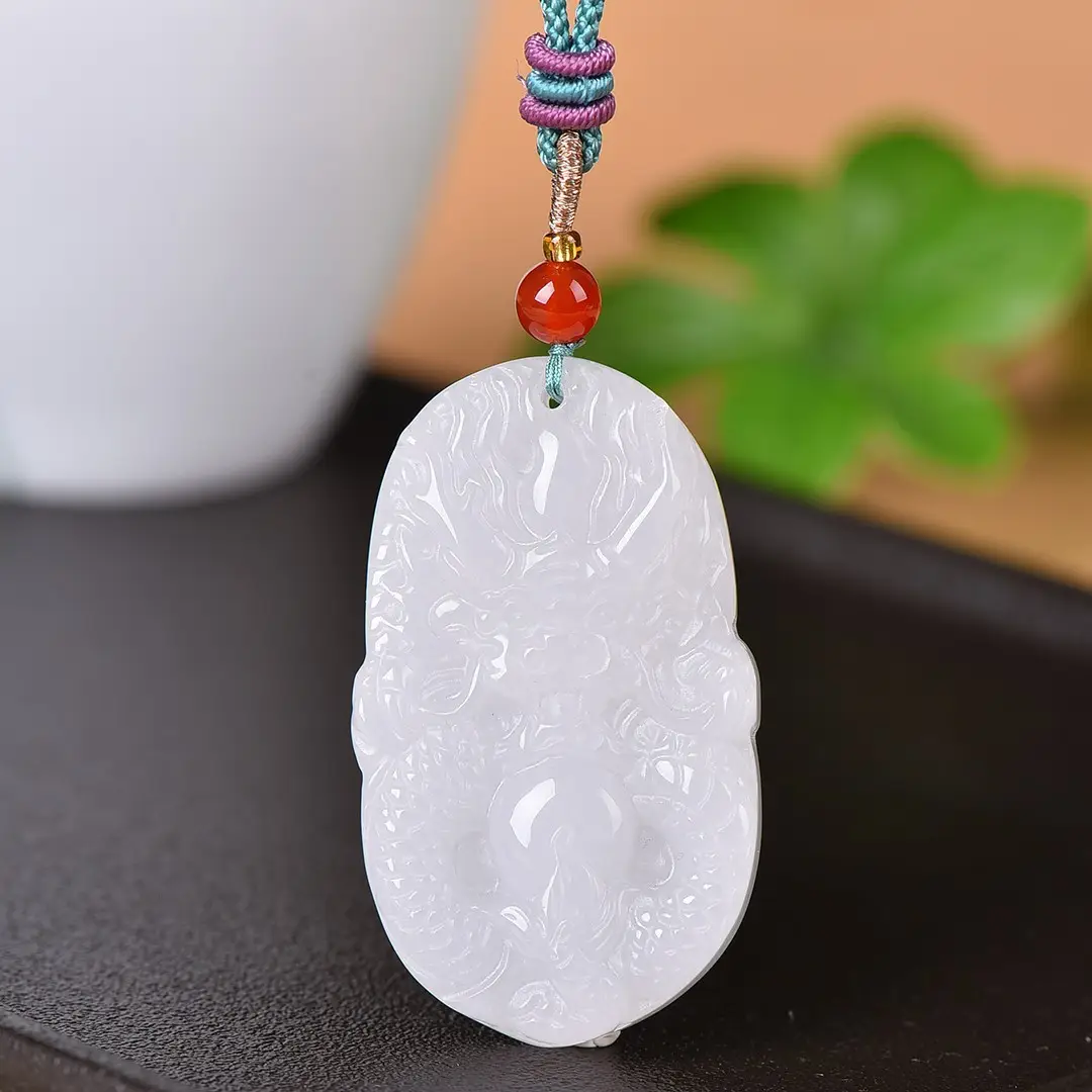 White Jade Dragon Pendant with Red Beads - Image 3