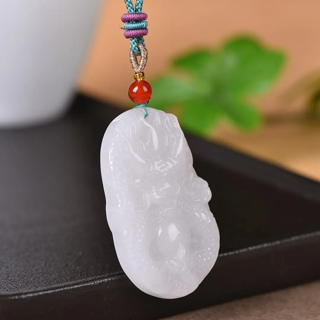 White Jade Dragon Pendant with Red Beads - Image 4