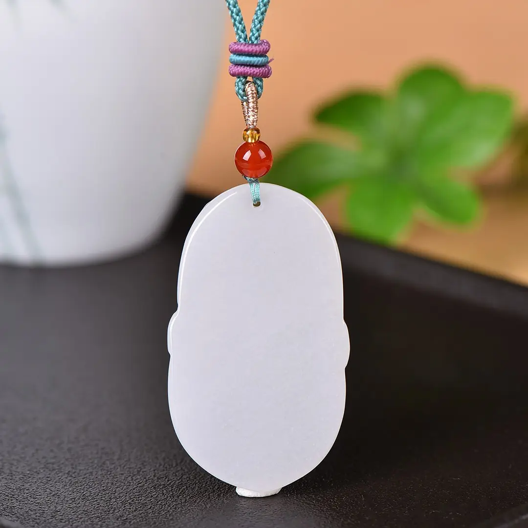 White Jade Dragon Pendant with Red Beads — feature 7