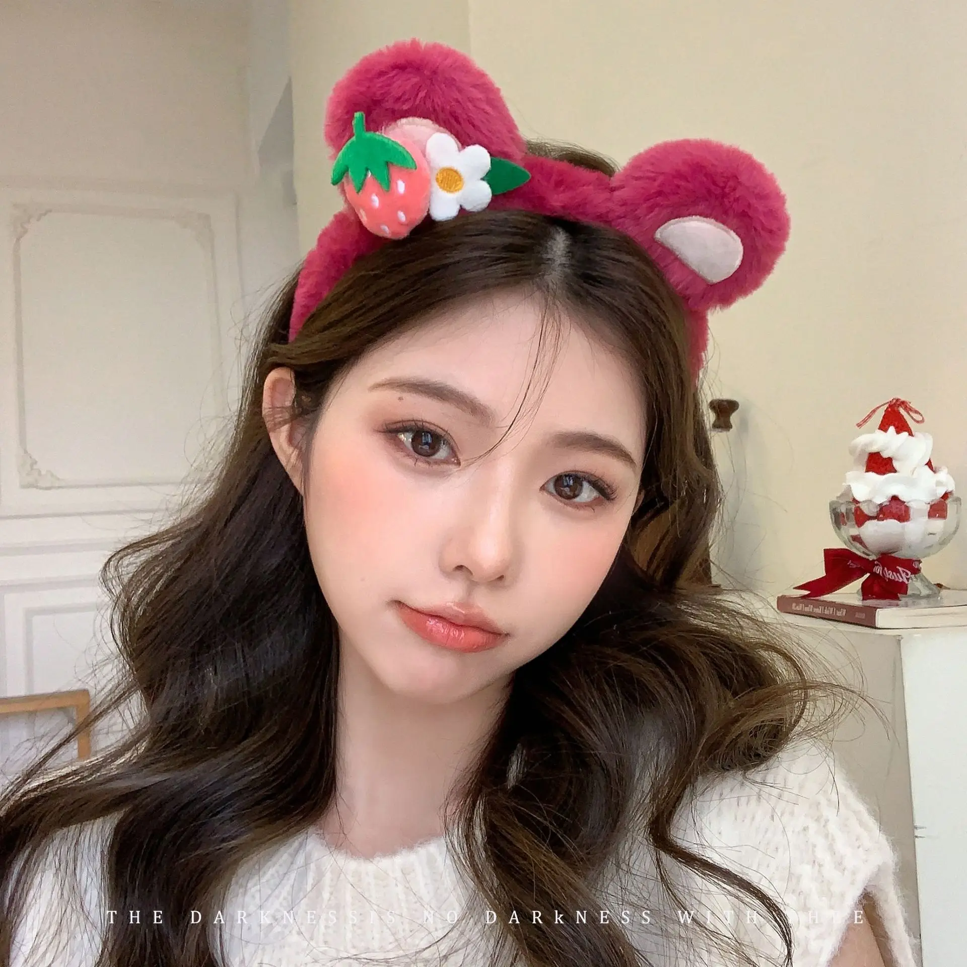 Pink Plush Strawberry Bear Headband for Women - Image 17