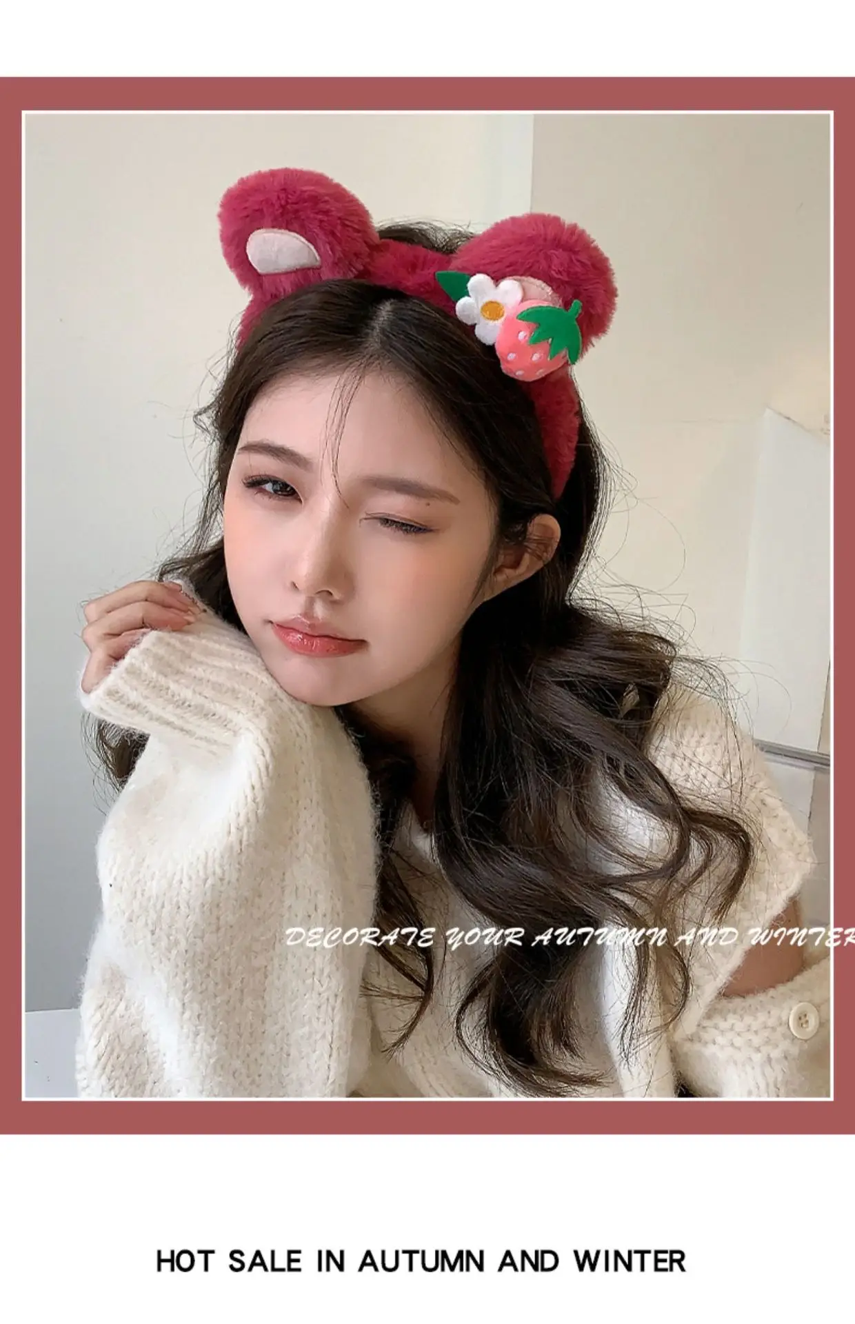 Pink Plush Strawberry Bear Headband for Women — feature 2