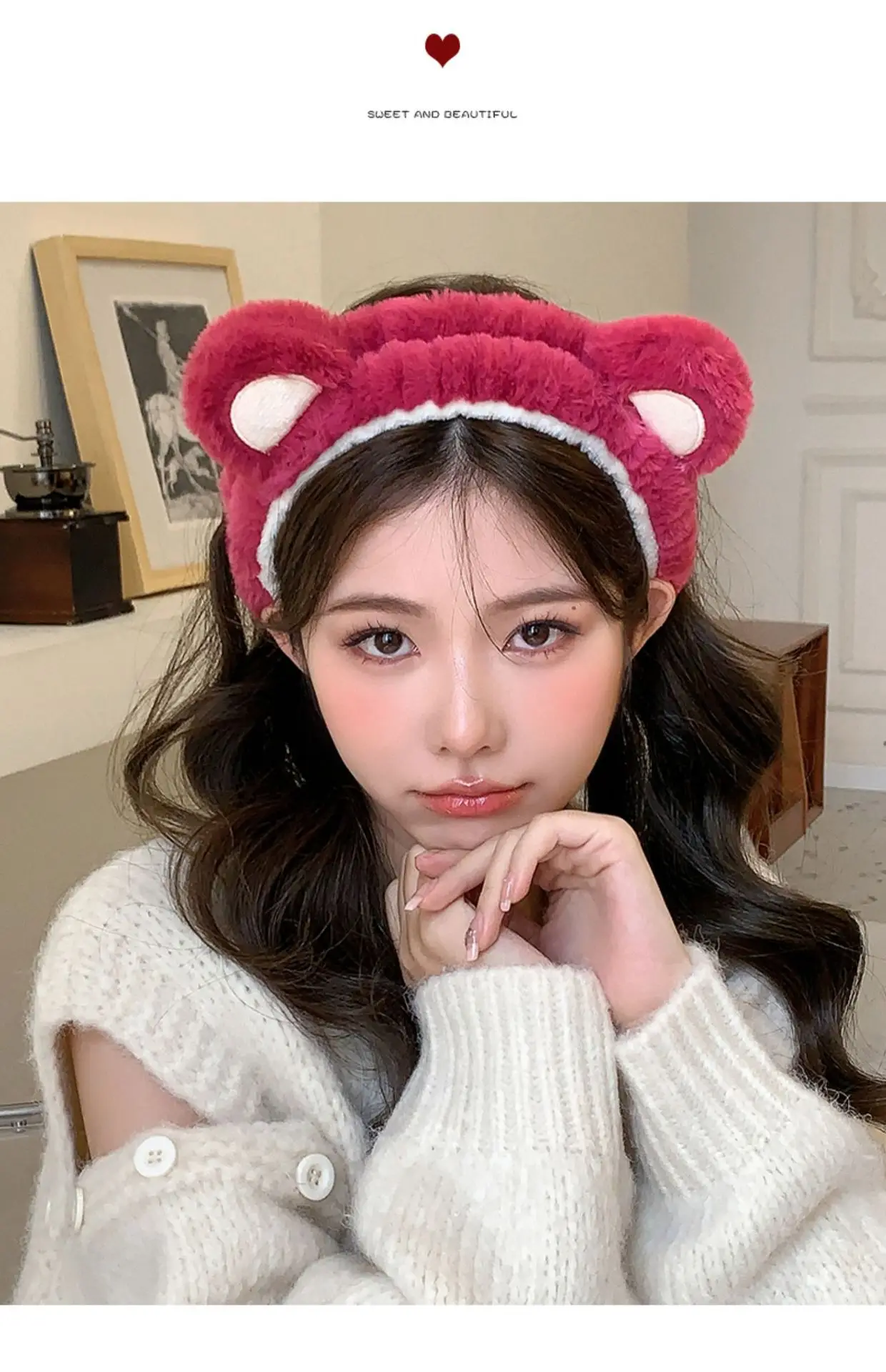 Pink Plush Strawberry Bear Headband for Women — feature 6