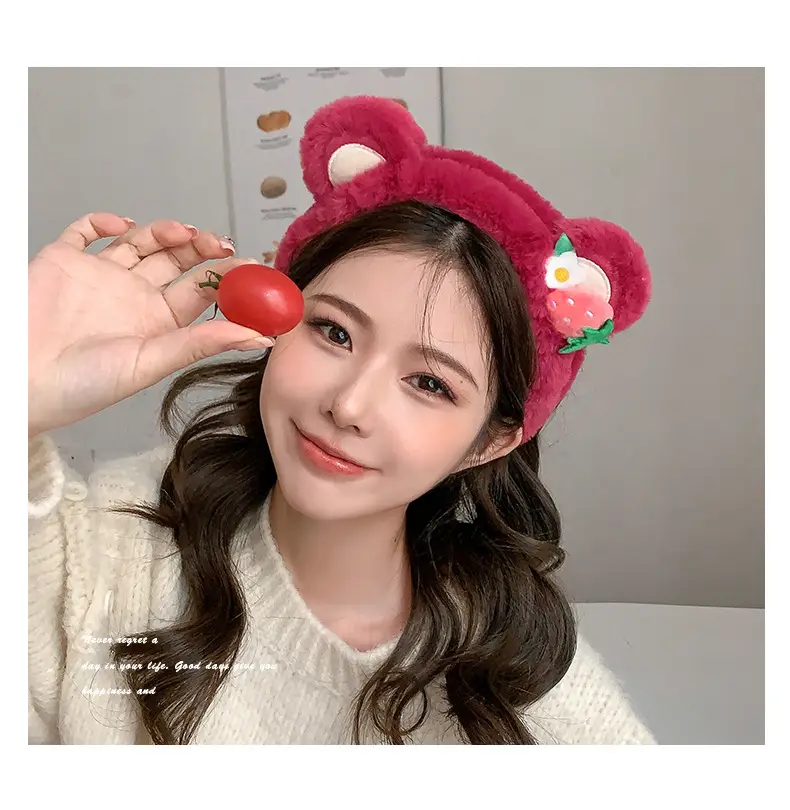Pink Plush Strawberry Bear Headband for Women — feature 9