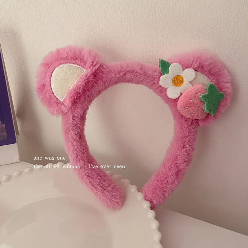 Pink Plush Strawberry Bear Headband for Women - Image 5