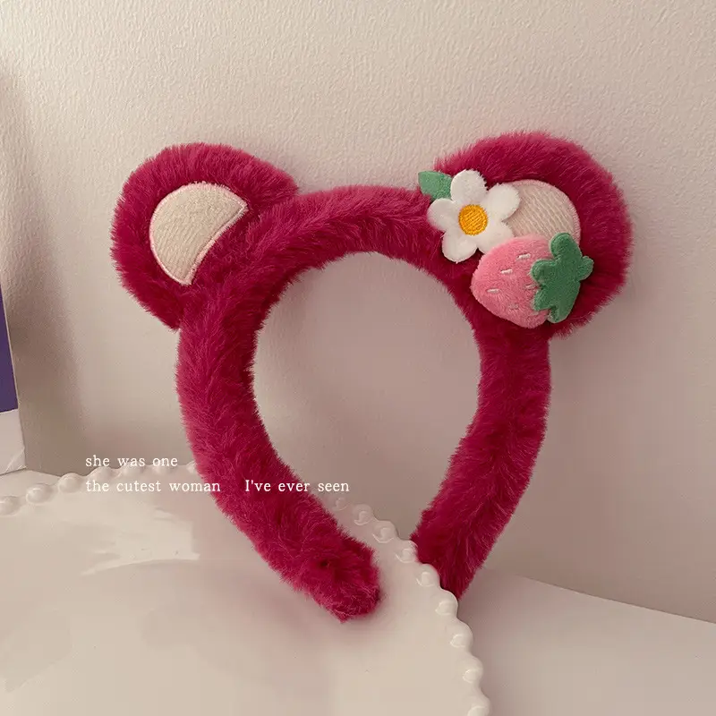 Pink Plush Strawberry Bear Headband for Women - Image 6