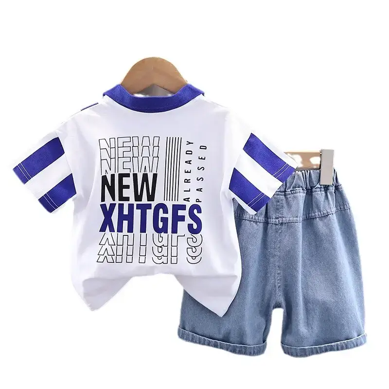 New Arrival Boys Cotton T-Shirt Shorts Set Blue White - Image 5