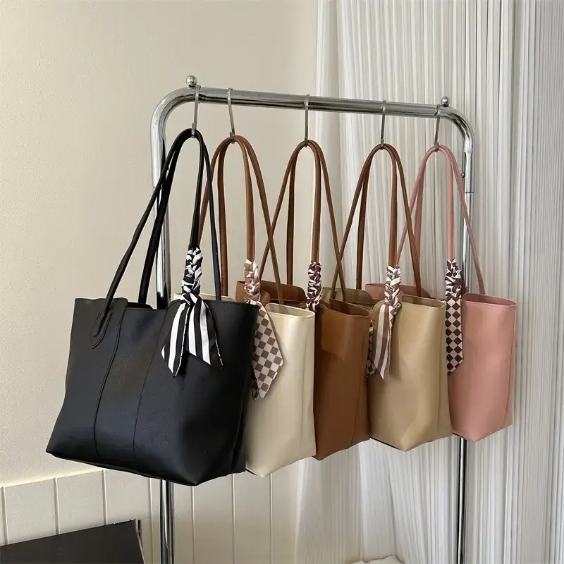 Large Capacity Women's Tan Silk Scarf Tote Bag - Image 6