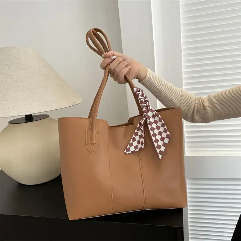 Large Capacity Women's Tan Silk Scarf Tote Bag - Image 7
