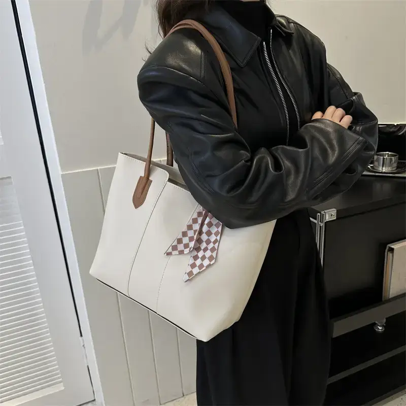 Large Capacity Women's Tan Silk Scarf Tote Bag - Image 9