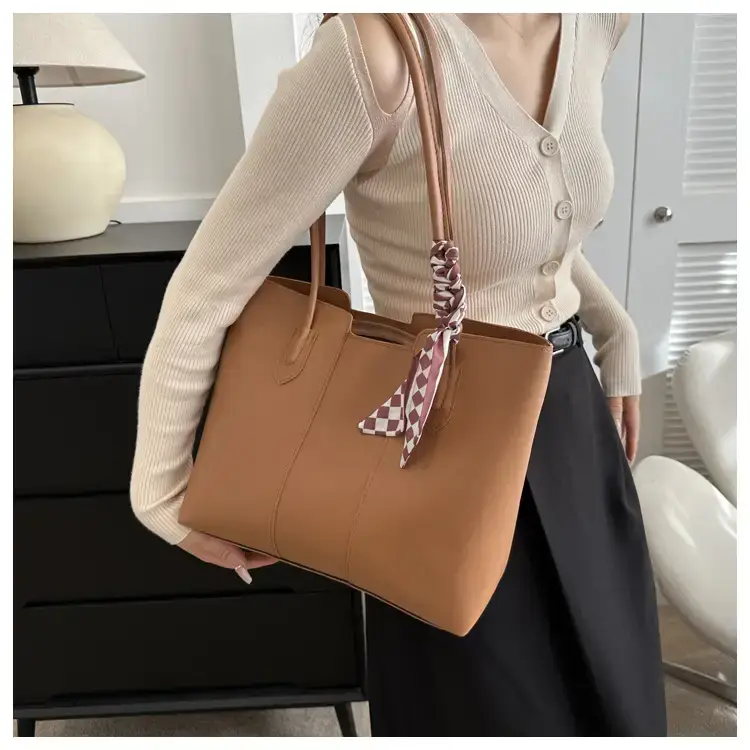 Large Capacity Women's Tan Silk Scarf Tote Bag — feature 9