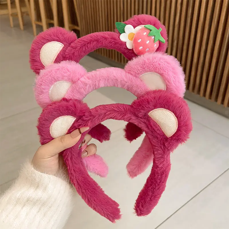 Plush Strawberry Bear Headband for Face Washing Winter - Image 13