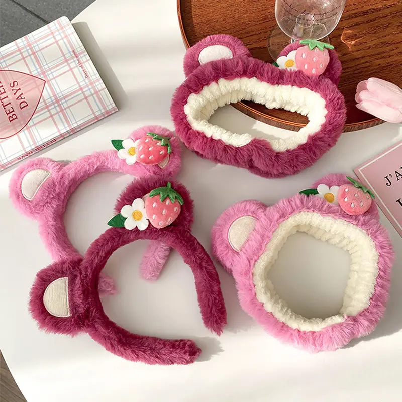 Plush Strawberry Bear Headband for Face Washing Winter - Image 15