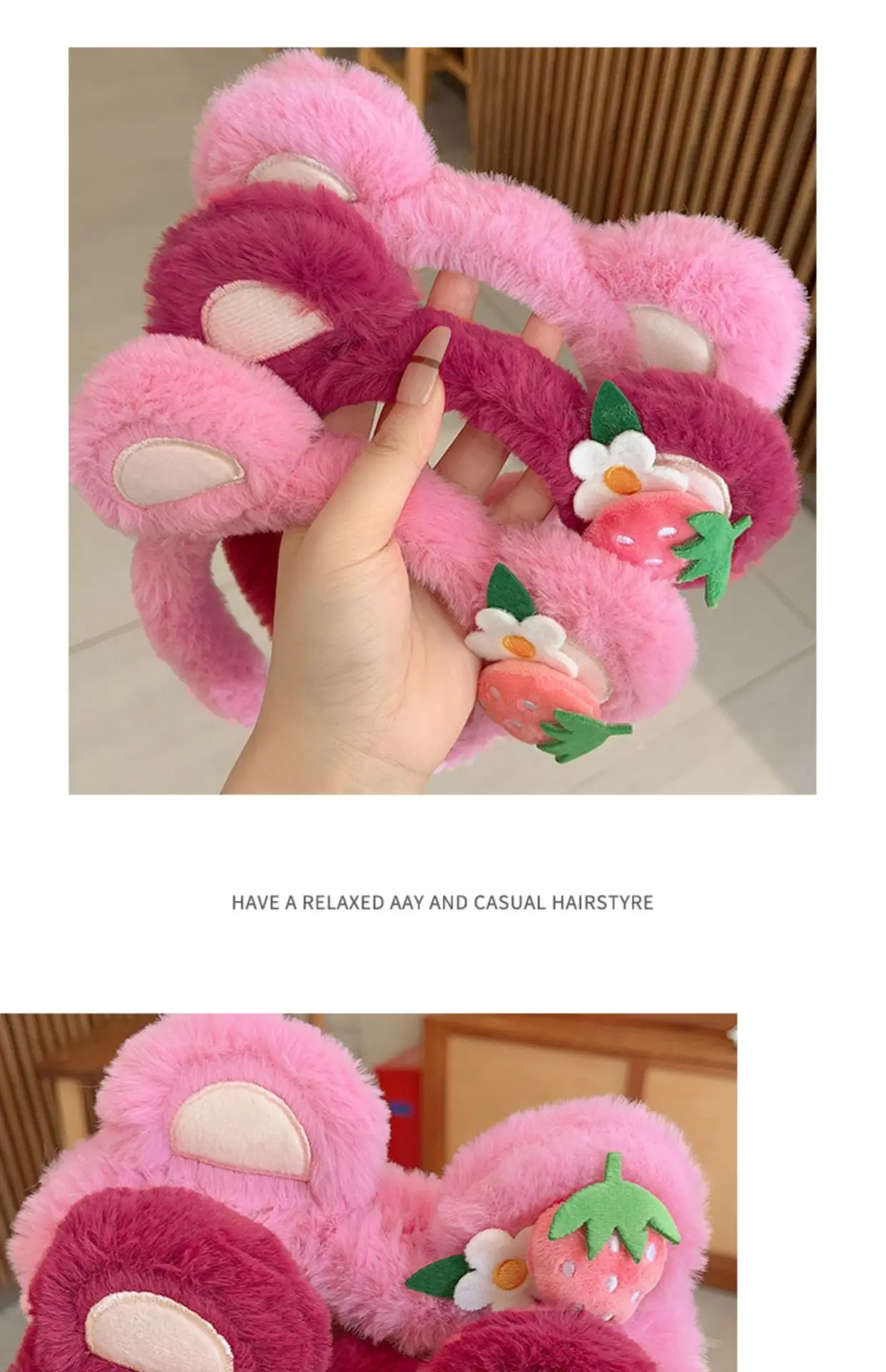 Plush Strawberry Bear Headband for Face Washing Winter — feature 3