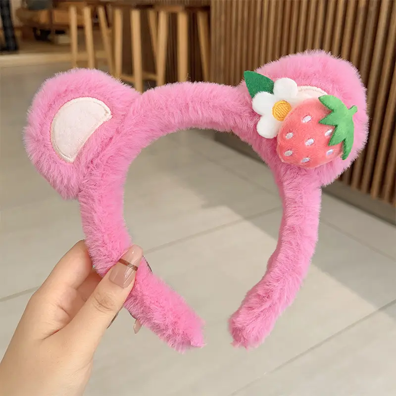 Plush Strawberry Bear Headband for Face Washing Winter - Image 2