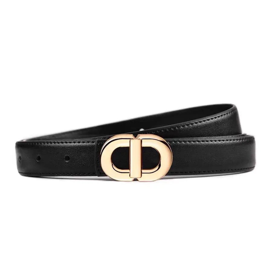 Women's Black Genuine Leather Belt with Gold Logo - Image 7