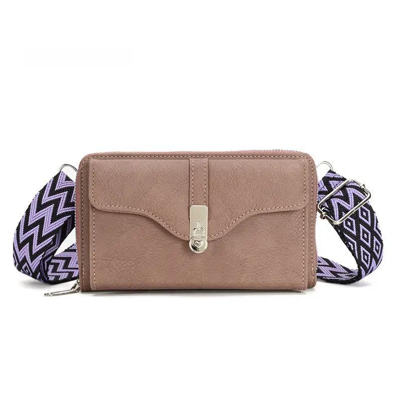 Women's Shoulder Messenger Bag Beige with Patterned Strap - Image 3