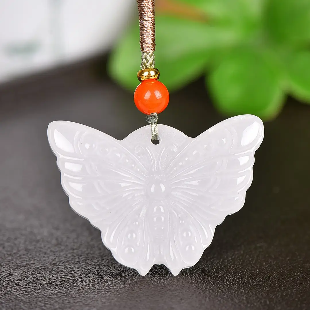 White Gold Jade Butterfly Pendant with Orange Bead