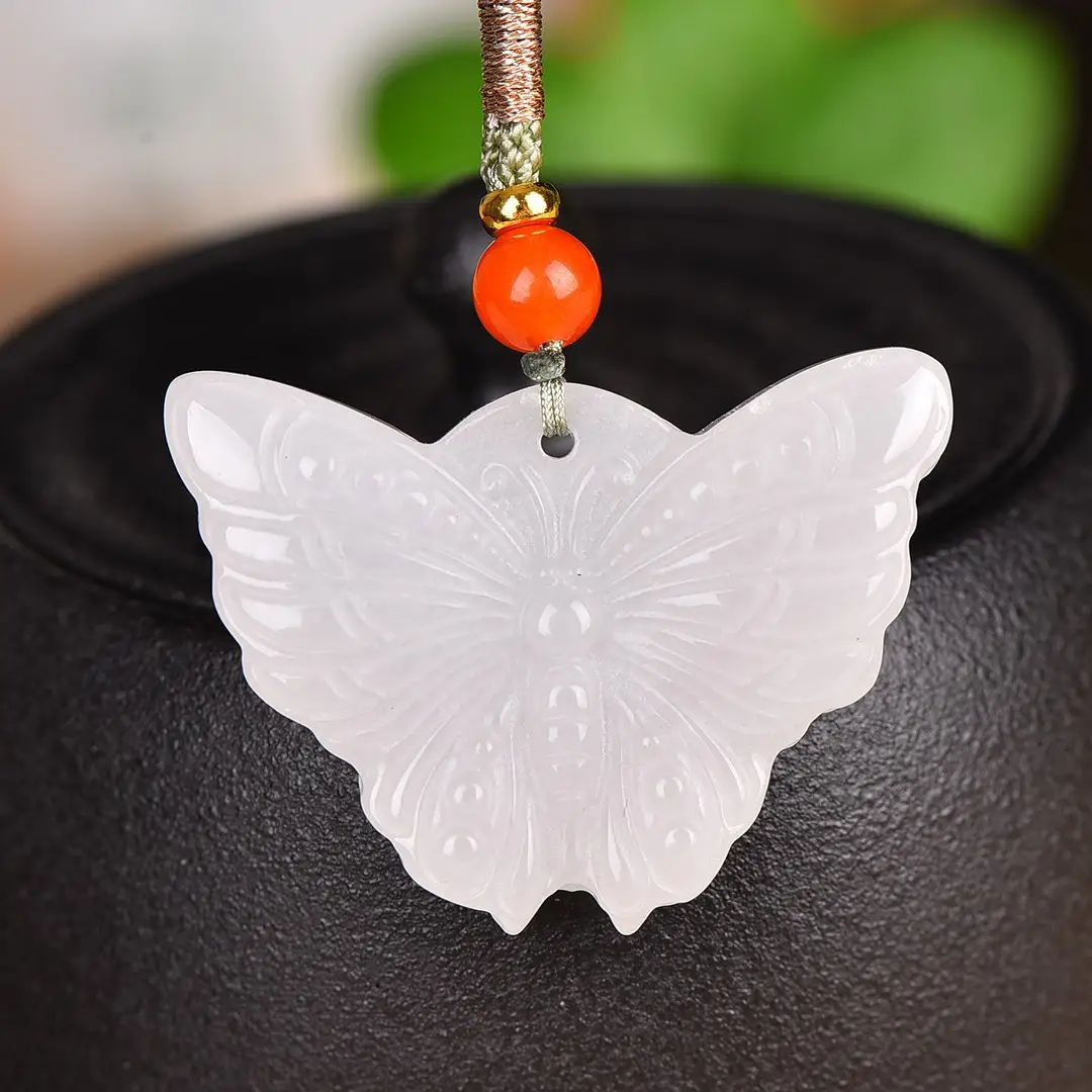 White Gold Jade Butterfly Pendant with Orange Bead