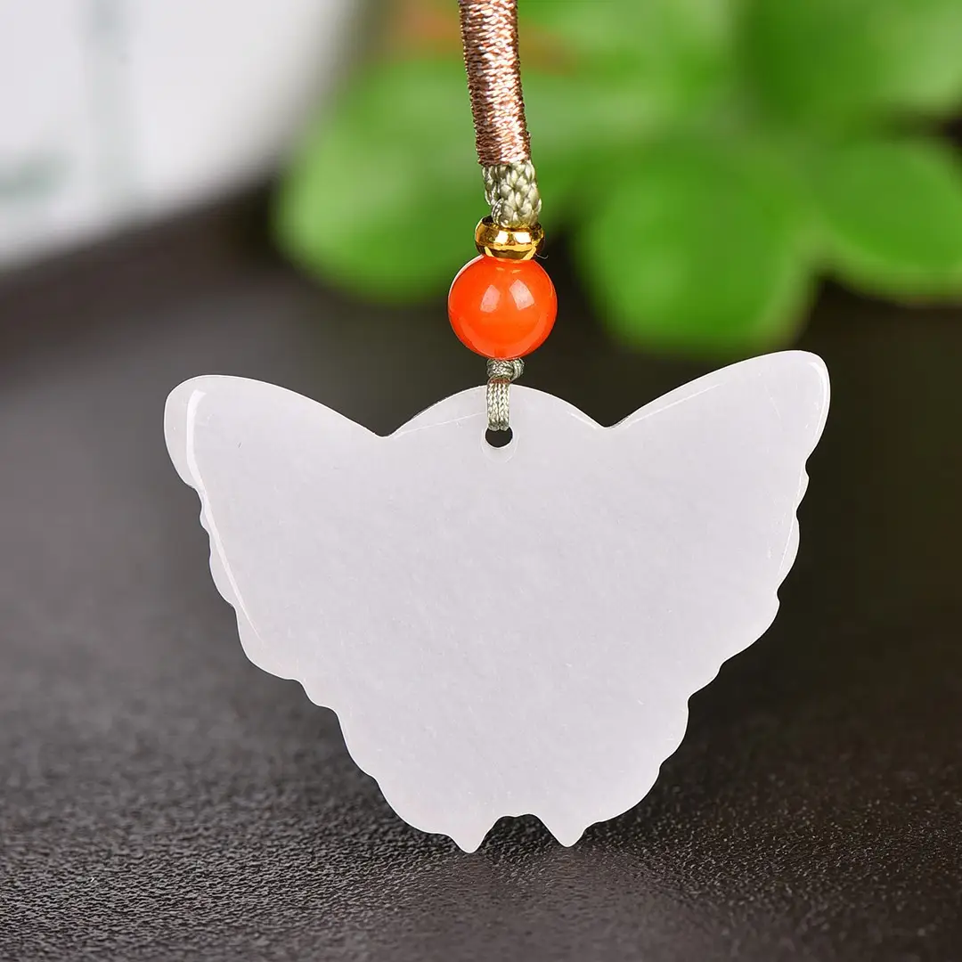 White Gold Jade Butterfly Pendant with Orange Bead