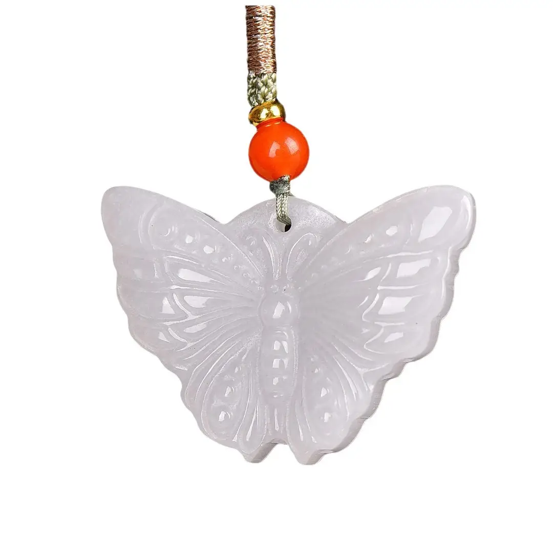 White Gold Jade Butterfly Pendant with Orange Bead