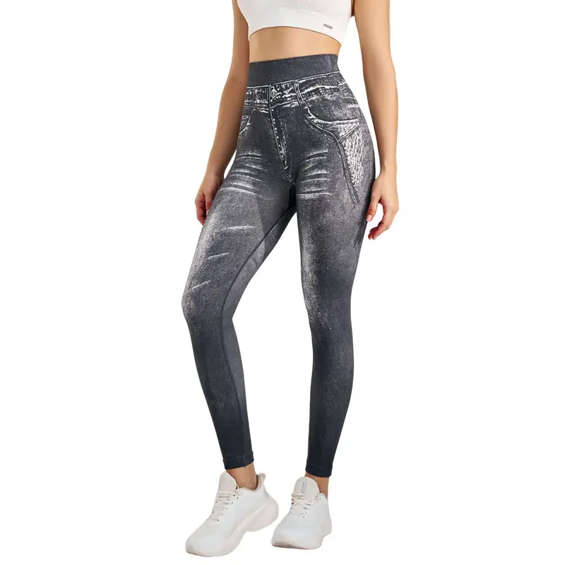 Peach Hip-Lifting Faux Denim Leggings Plus Size Stretchy Nine Point Yoga Pants - Image 8