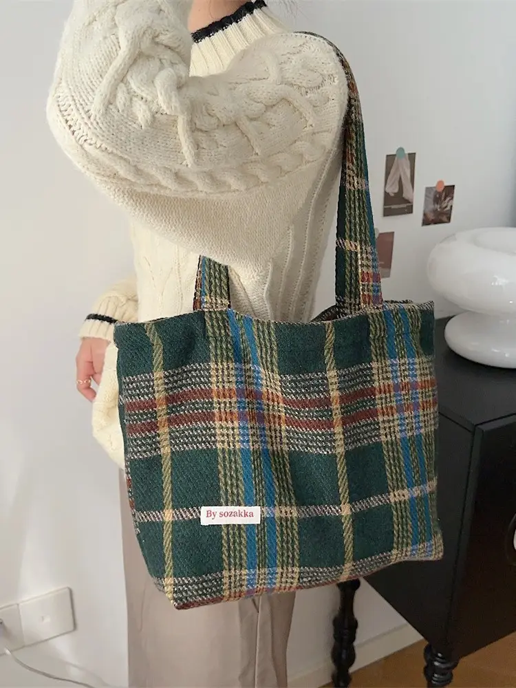 Women's Plaid Woolen Commuter Tote Bag 2023 - Image 5