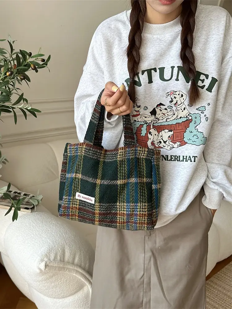 Women's Plaid Woolen Commuter Tote Bag 2023 - Image 6