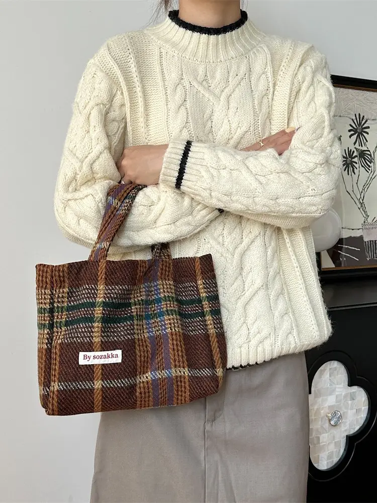 Women's Plaid Woolen Commuter Tote Bag 2023 - Image 7