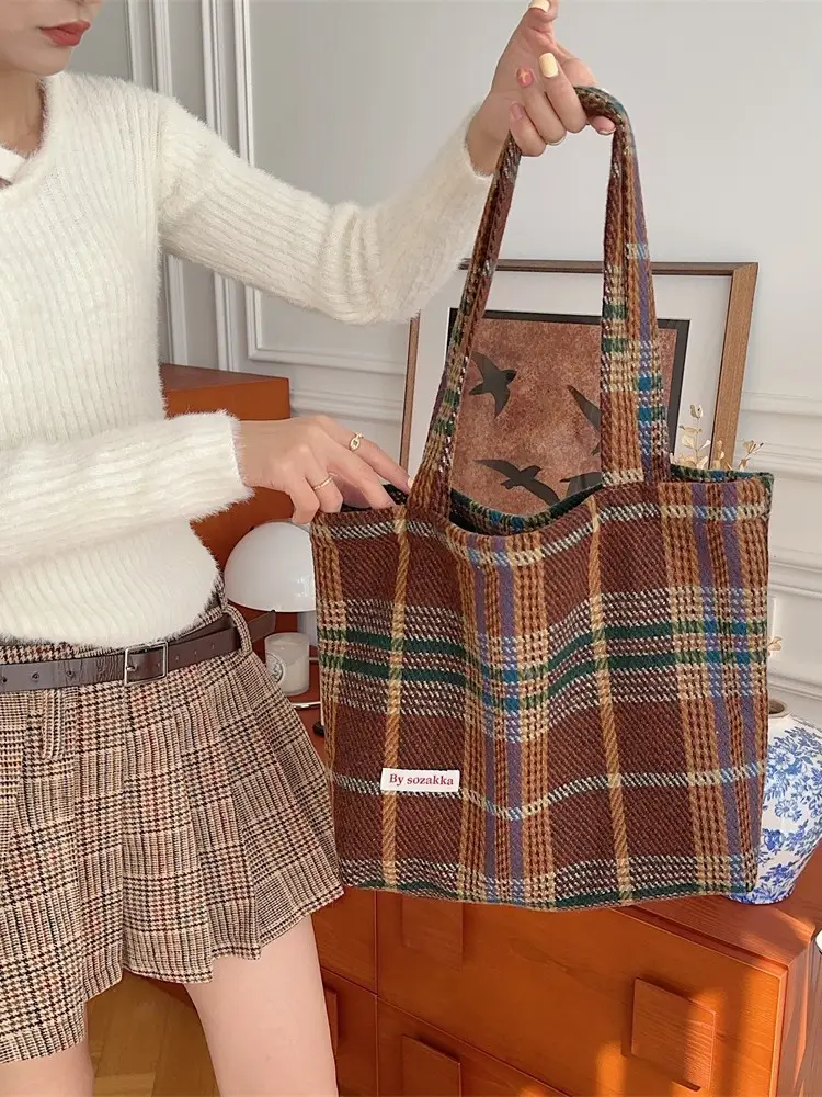 Women's Plaid Woolen Commuter Tote Bag 2023 - Image 8