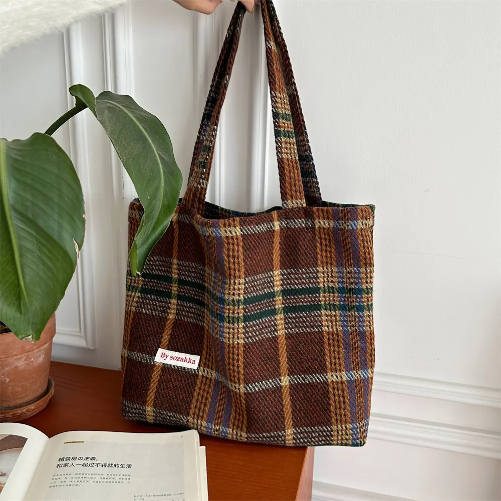 Women's Plaid Woolen Commuter Tote Bag 2023 - Image 3