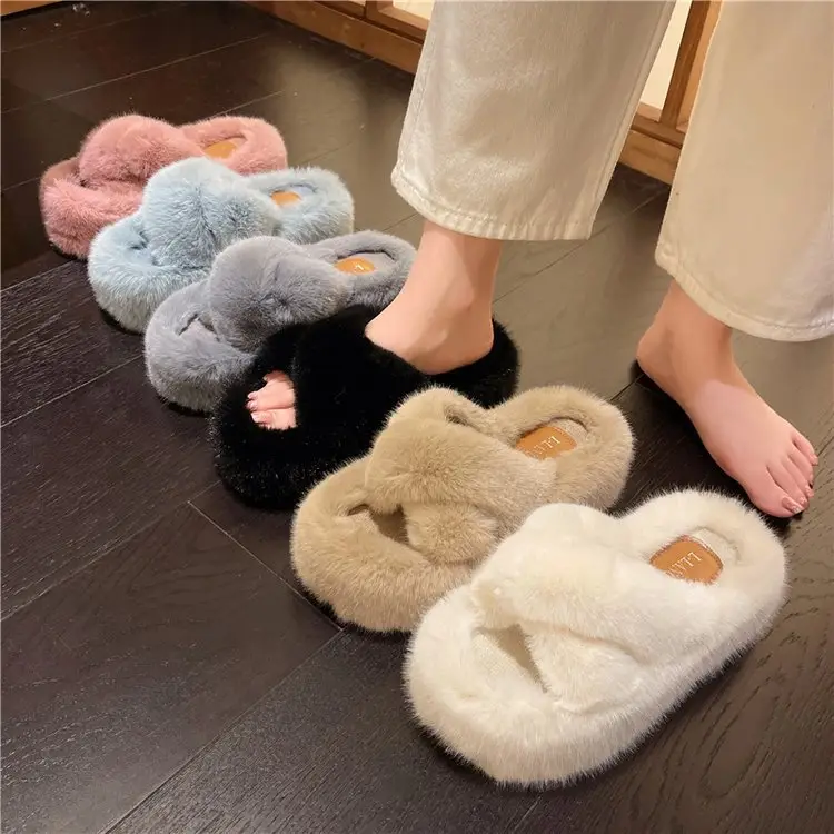 7cm Thick-Soled Slippers with Fleece Lining, Warm Cotton Slippers, Cross-Strap Fashion Ins2026 Autumn and Winter New Style Furry Slippers - Image 7