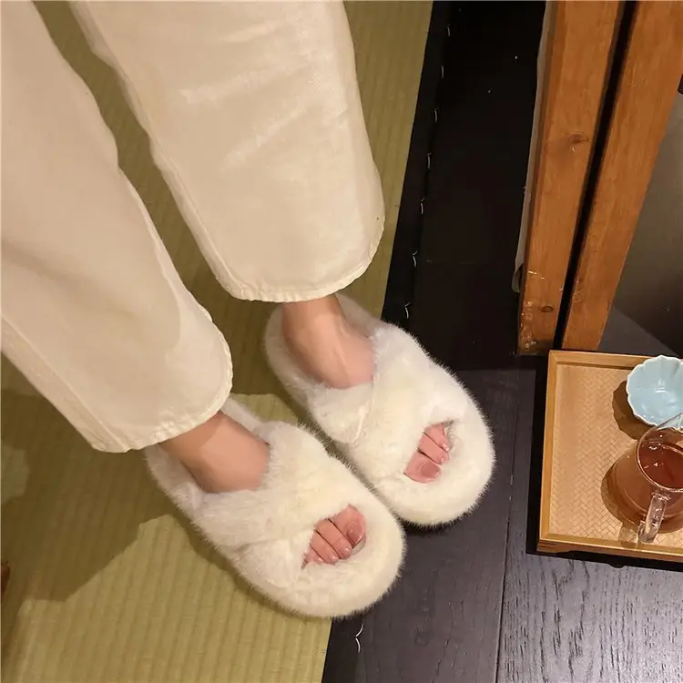 7cm Thick-Soled Slippers with Fleece Lining, Warm Cotton Slippers, Cross-Strap Fashion Ins2026 Autumn and Winter New Style Furry Slippers - Image 9
