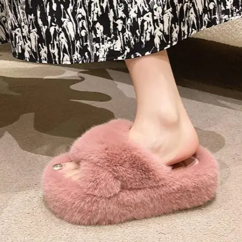 7cm Thick-Soled Slippers with Fleece Lining, Warm Cotton Slippers, Cross-Strap Fashion Ins2026 Autumn and Winter New Style Furry Slippers - Image 10