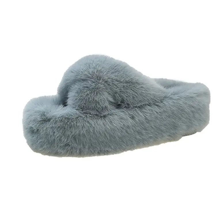 7cm Thick-Soled Slippers with Fleece Lining, Warm Cotton Slippers, Cross-Strap Fashion Ins2026 Autumn and Winter New Style Furry Slippers - Image 2