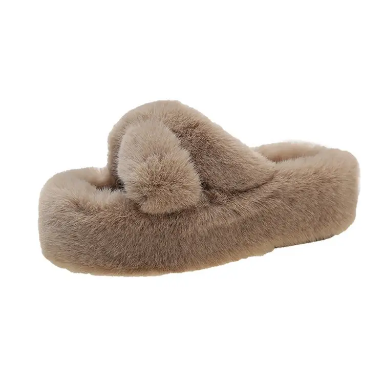 7cm Thick-Soled Slippers with Fleece Lining, Warm Cotton Slippers, Cross-Strap Fashion Ins2026 Autumn and Winter New Style Furry Slippers - Image 3