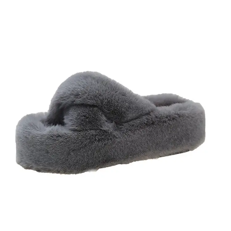 7cm Thick-Soled Slippers with Fleece Lining, Warm Cotton Slippers, Cross-Strap Fashion Ins2026 Autumn and Winter New Style Furry Slippers - Image 4