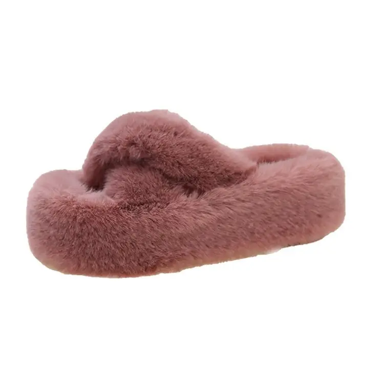 7cm Thick-Soled Slippers with Fleece Lining, Warm Cotton Slippers, Cross-Strap Fashion Ins2026 Autumn and Winter New Style Furry Slippers - Image 5