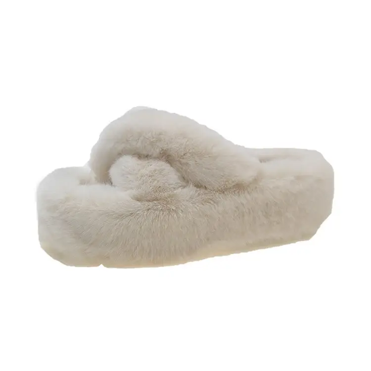 7cm Thick-Soled Slippers with Fleece Lining, Warm Cotton Slippers, Cross-Strap Fashion Ins2026 Autumn and Winter New Style Furry Slippers - Image 6