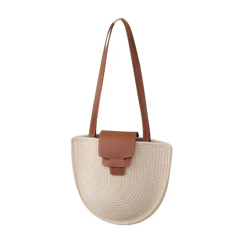 Vintage Straw Shoulder Bag with Leather Strap - Image 2