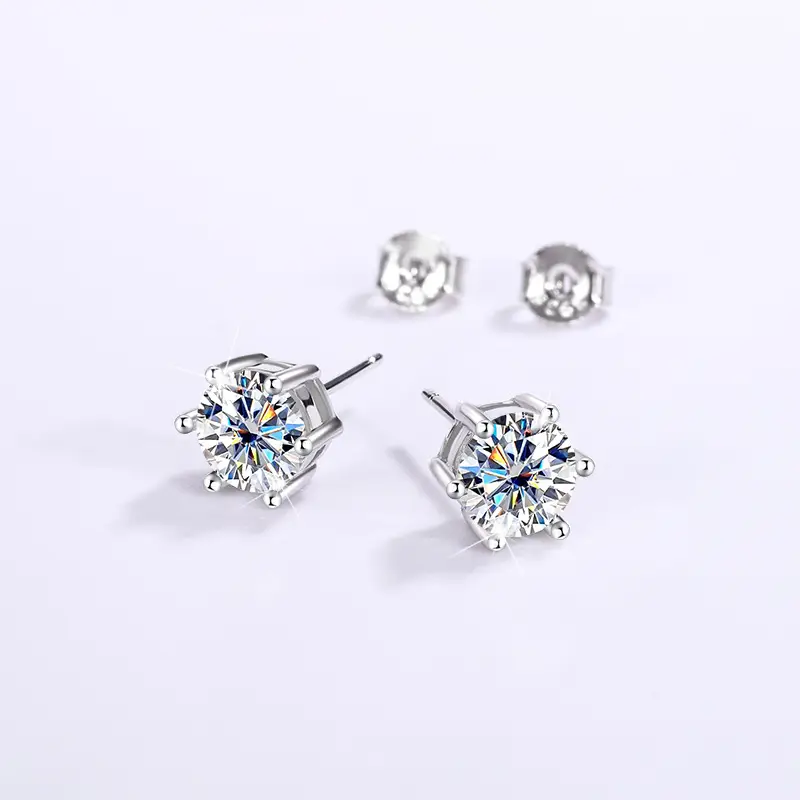 Mosan Diamond Six Claw Earrings 1 Karat Silver