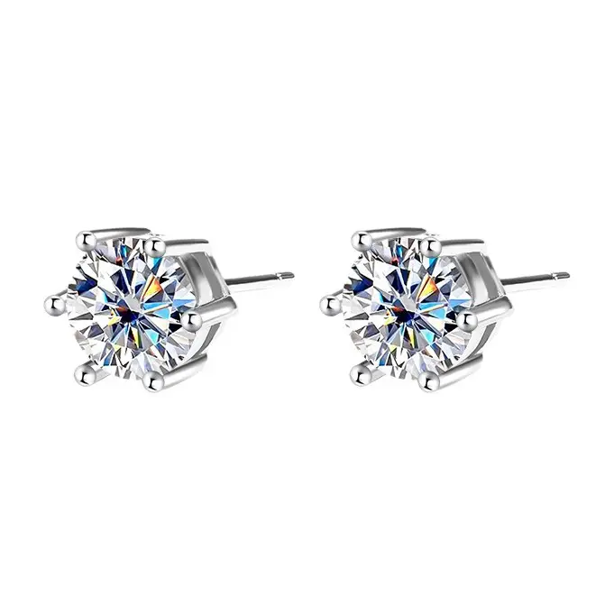 Mosan Diamond Six Claw Earrings 1 Karat Silver