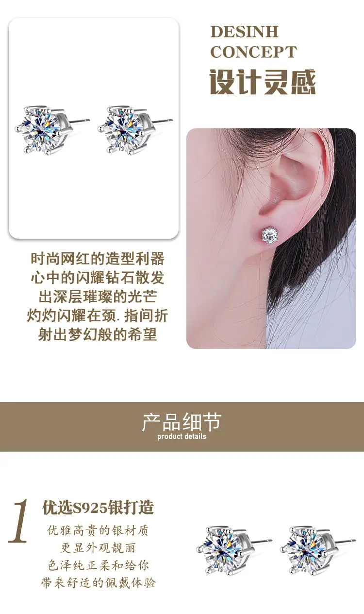 Mosan Diamond Six Claw Earrings 1 Karat Silver — feature 6
