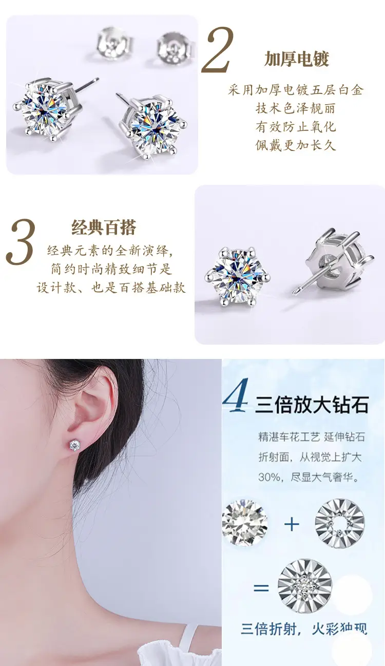 Mosan Diamond Six Claw Earrings 1 Karat Silver — feature 7