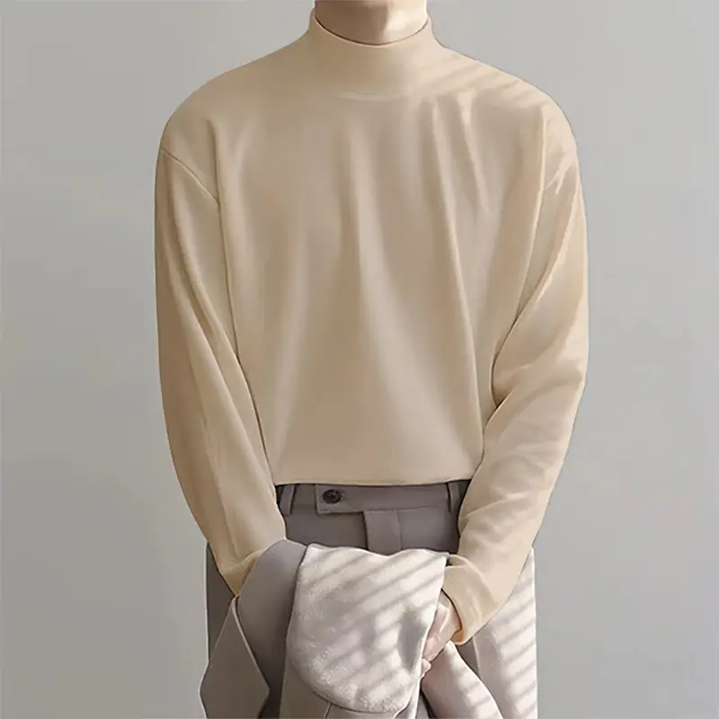Men Velvet Thermal Shirt Beige Long Sleeve Collar - Image 4