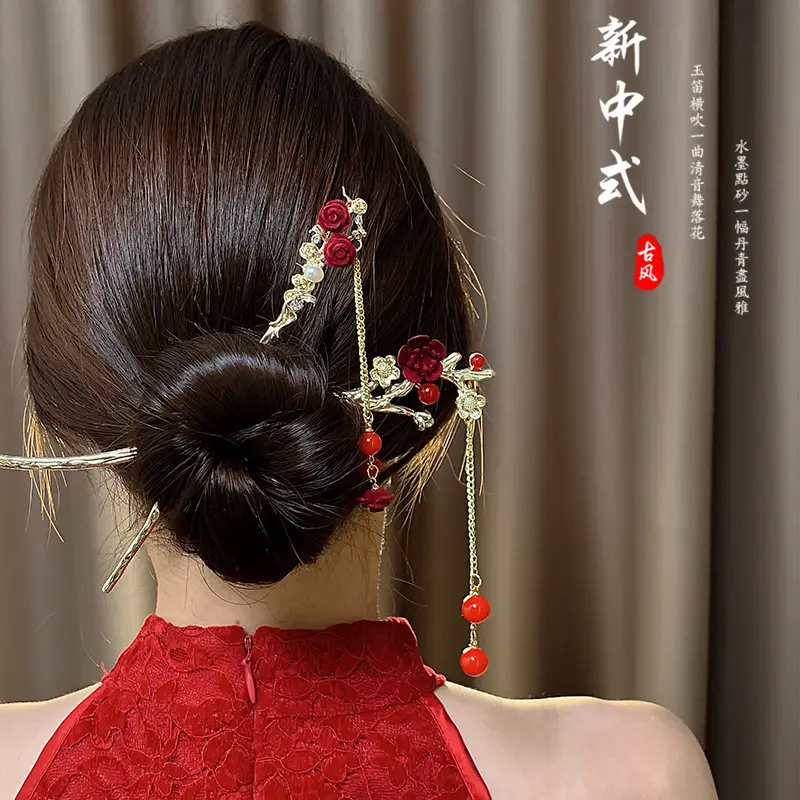 Red Camellia Hairpin for Women Autumn Winter Hanfu Style