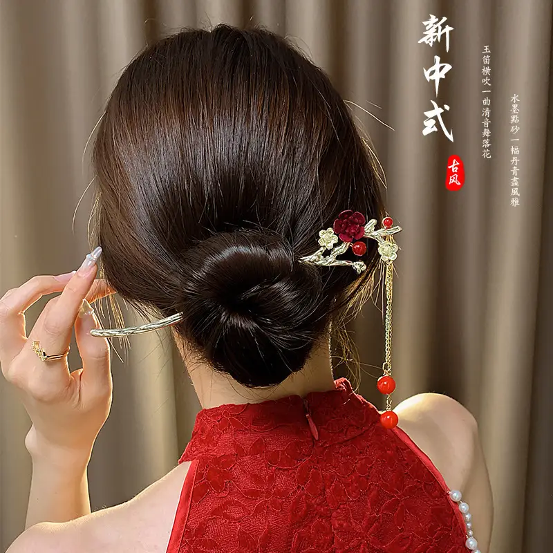 Red Camellia Hairpin for Women Autumn Winter Hanfu Style